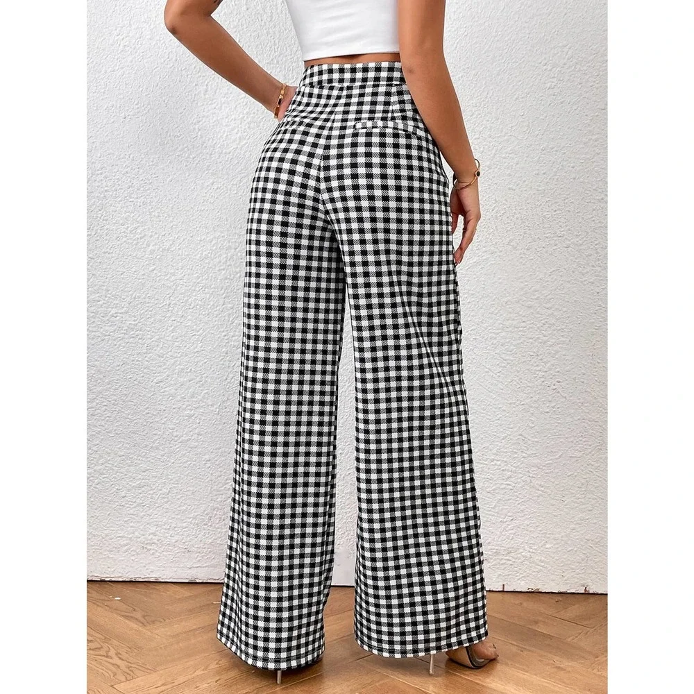 Gingham plaid Print Wide Leg high waist  Pants black white - Picture 2 of 7